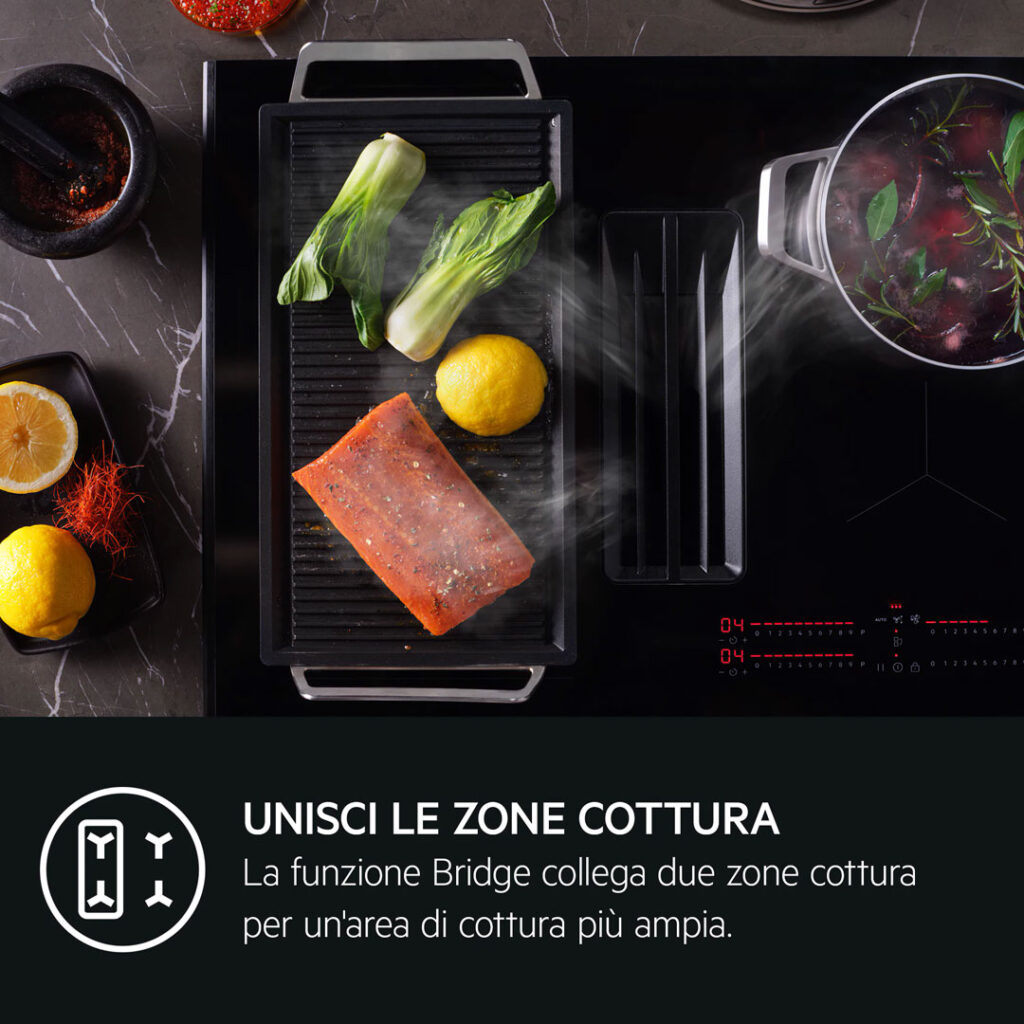 Piano a induzione AEG con cappa integrata Bridge: più spazio, più libertà e massima efficienza in cucina
